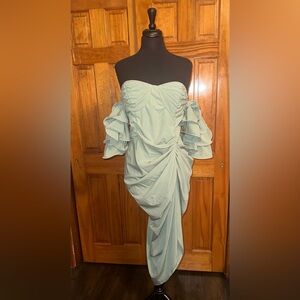 Sage green midi slit off the shoulder dress